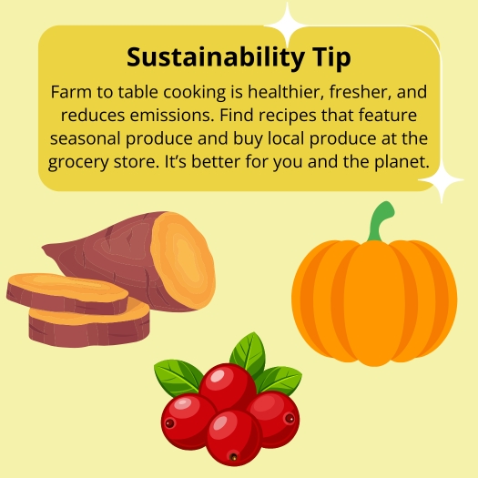 Sustainability tip: Farm to table cooking is healthier, fresher, and reduces emissions. Find recipes that feature seasonal produce and buy local produce at the grocery store. It's better for you and the planet.