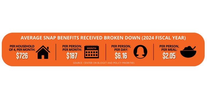 SNAP benefits breakdown showing amount of money per household and person each month.