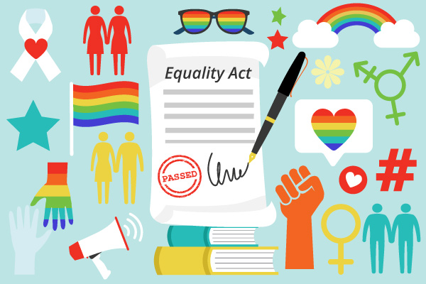 Icon of Equality Act being passed alongside image of LGBTQ flag. 